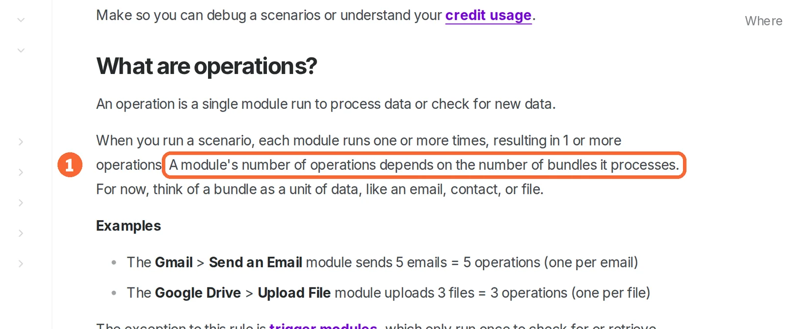 Make Help Center credits and operations article with the sentence linking operations to processed bundles marked