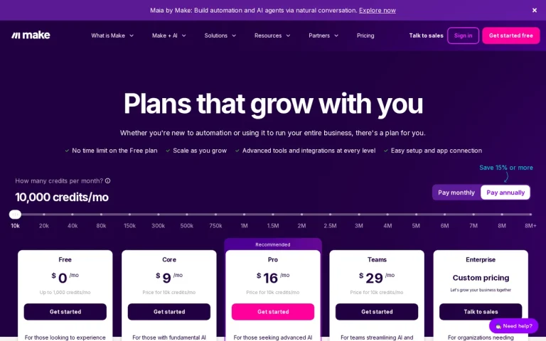 Make official pricing page screenshot with plan names