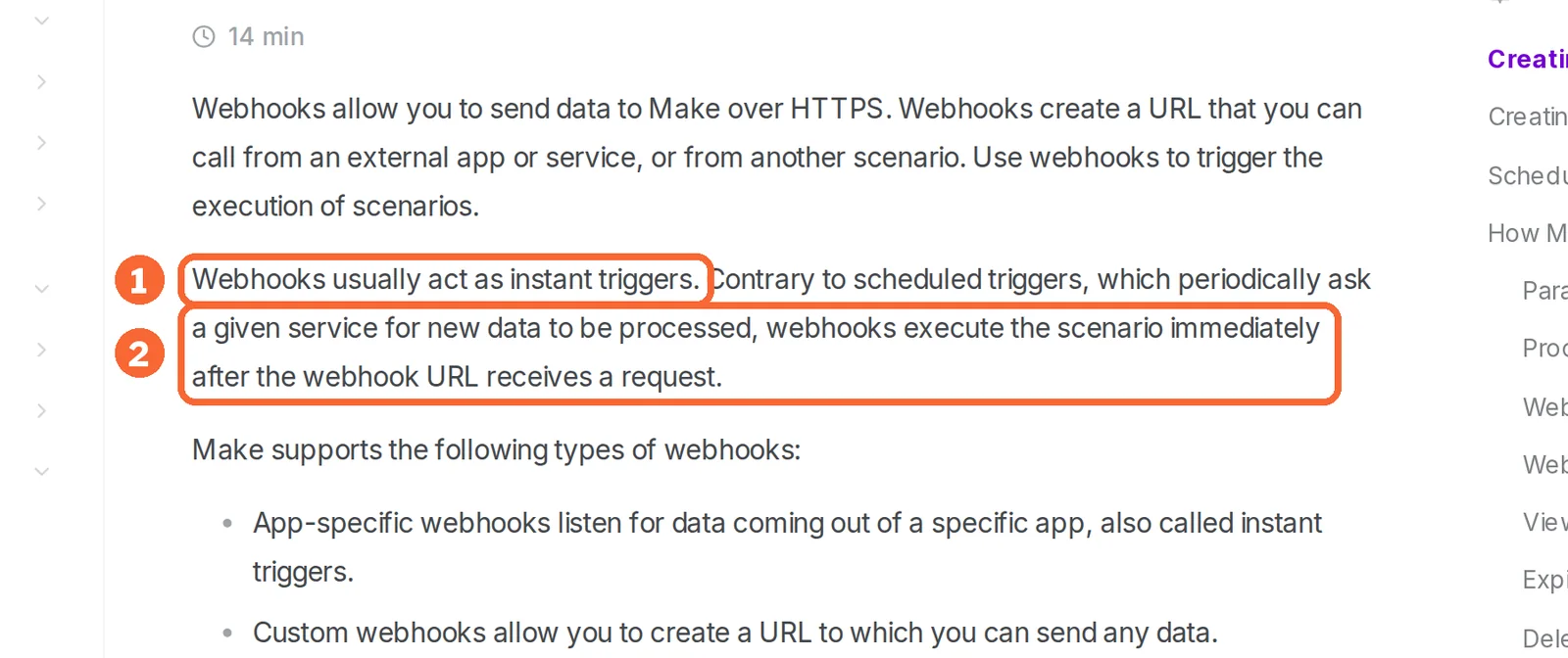Make Help Center webhooks article with the instant trigger sentences marked