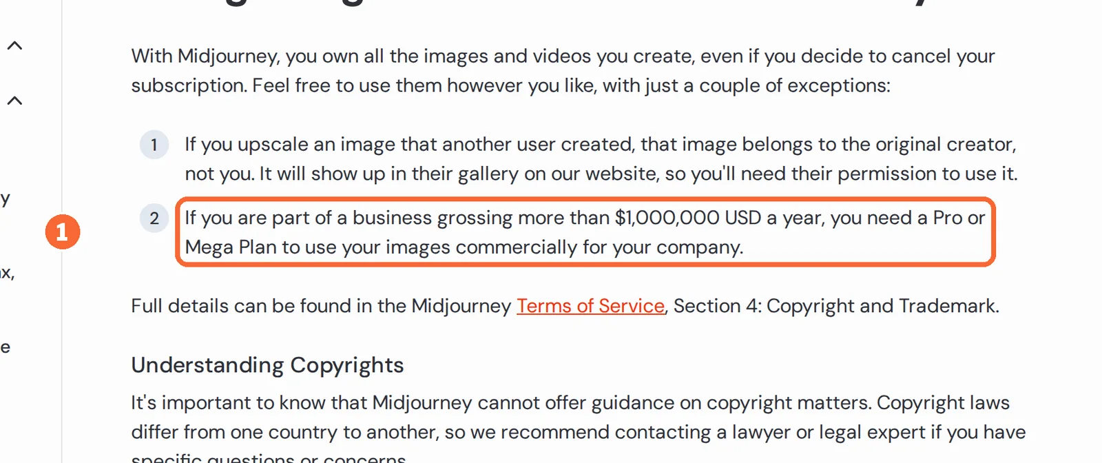 Midjourney commercial use documentation with the USD 1,000,000 revenue rule for Pro or Mega marked