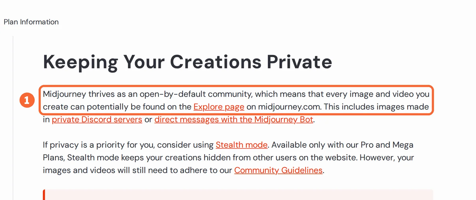 Midjourney privacy documentation with the open-by-default Explore page sentence marked