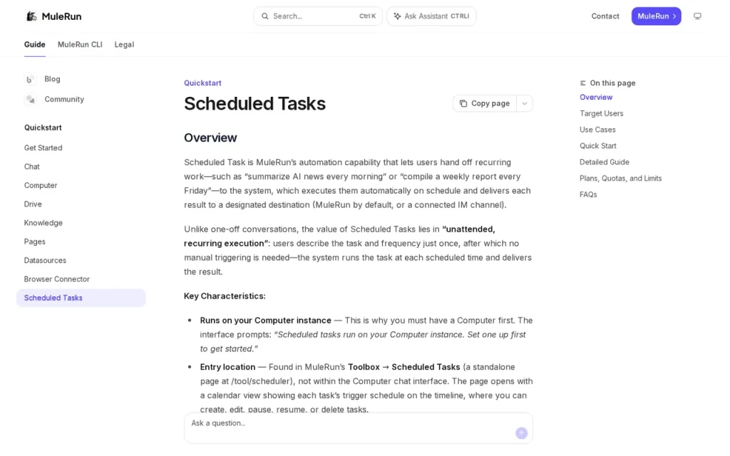 MuleRun features page screenshot showing the product interface
