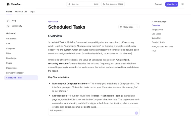 MuleRun features page screenshot showing the product interface