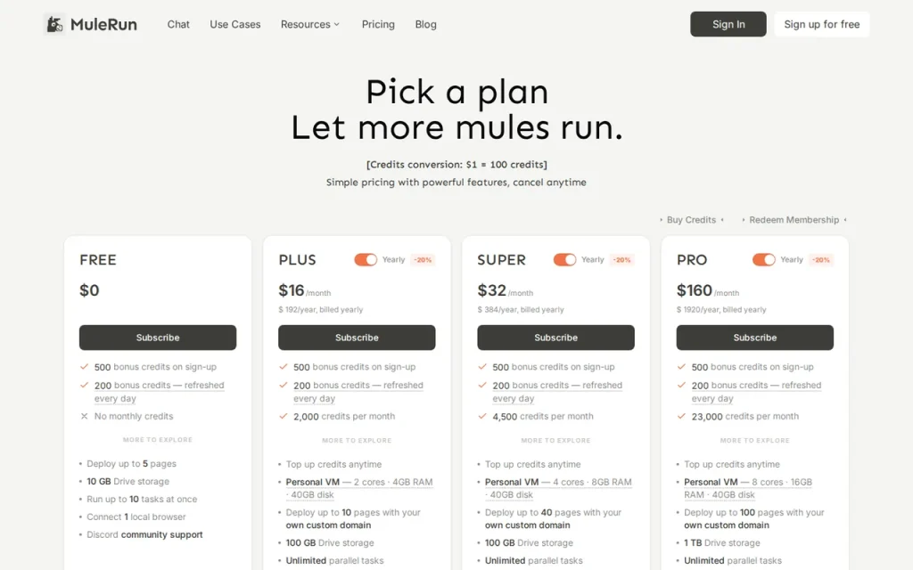 MuleRun official pricing page screenshot with plan names