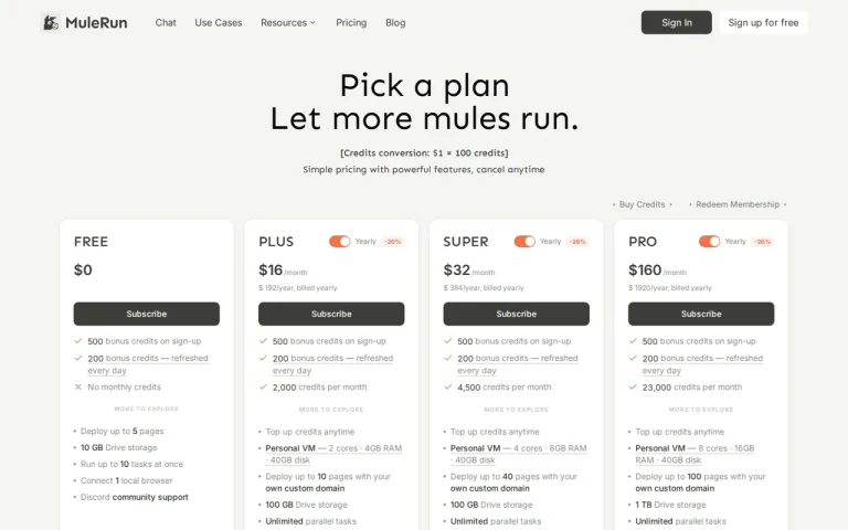 MuleRun official pricing page screenshot with plan names