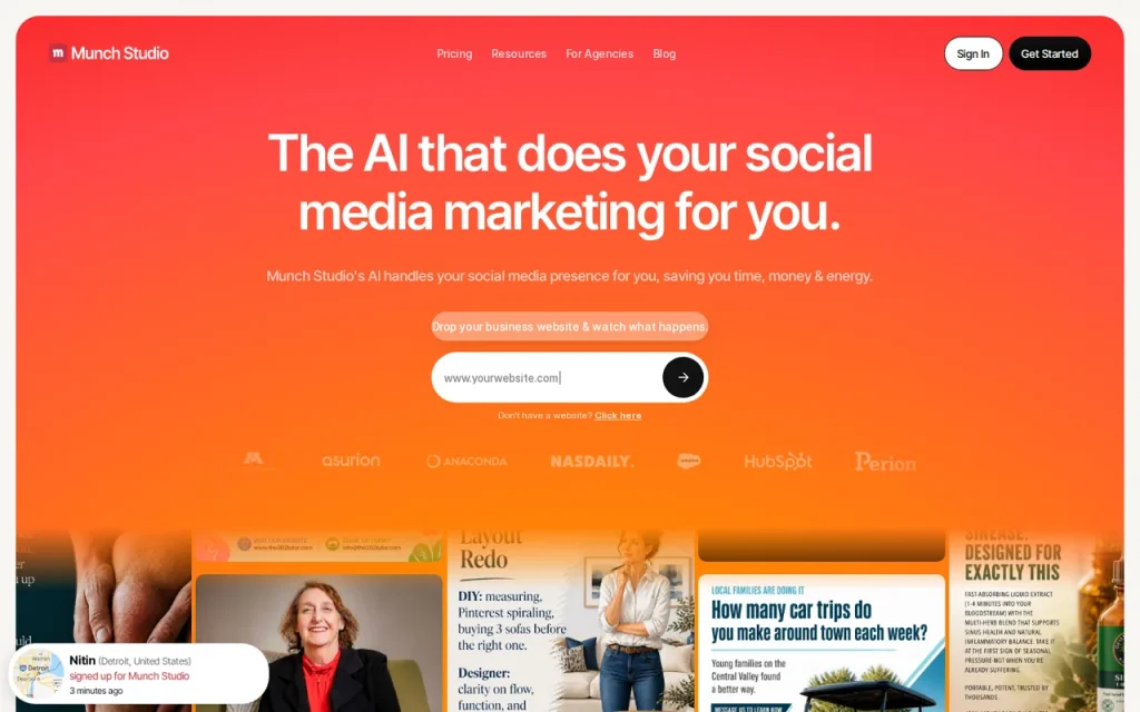 Munch Studio homepage screenshot showing the official landing page