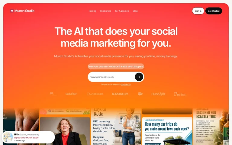 Munch Studio homepage screenshot showing the official landing page