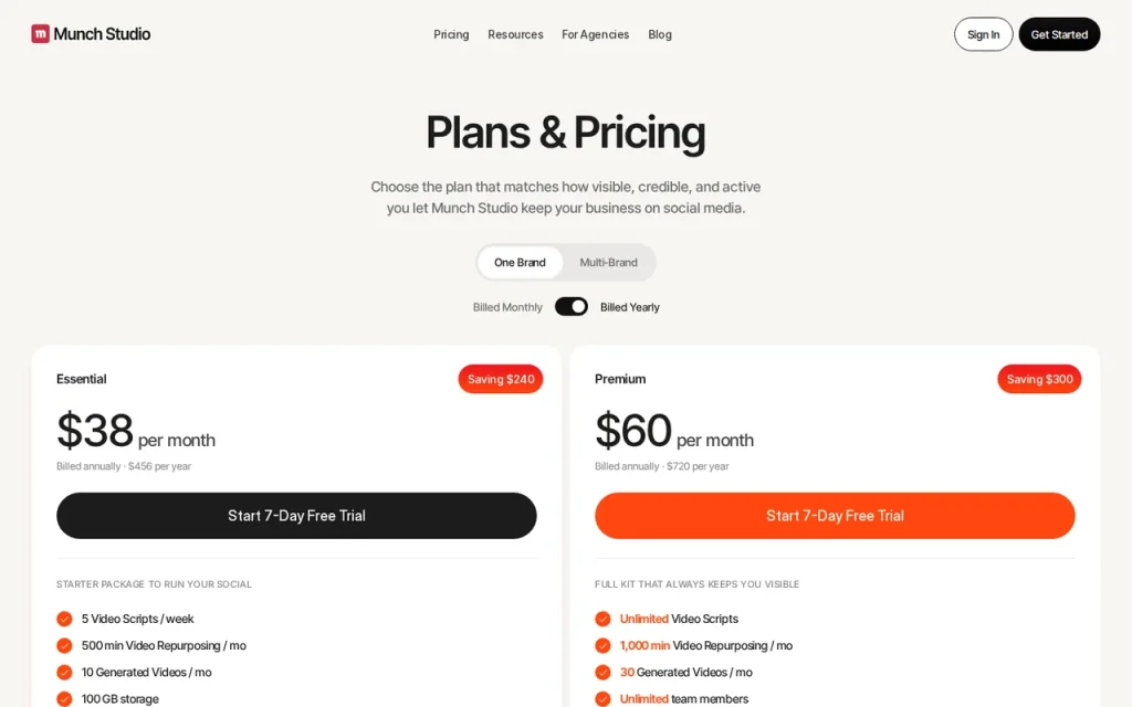 Munch Studio official pricing page screenshot with plan names
