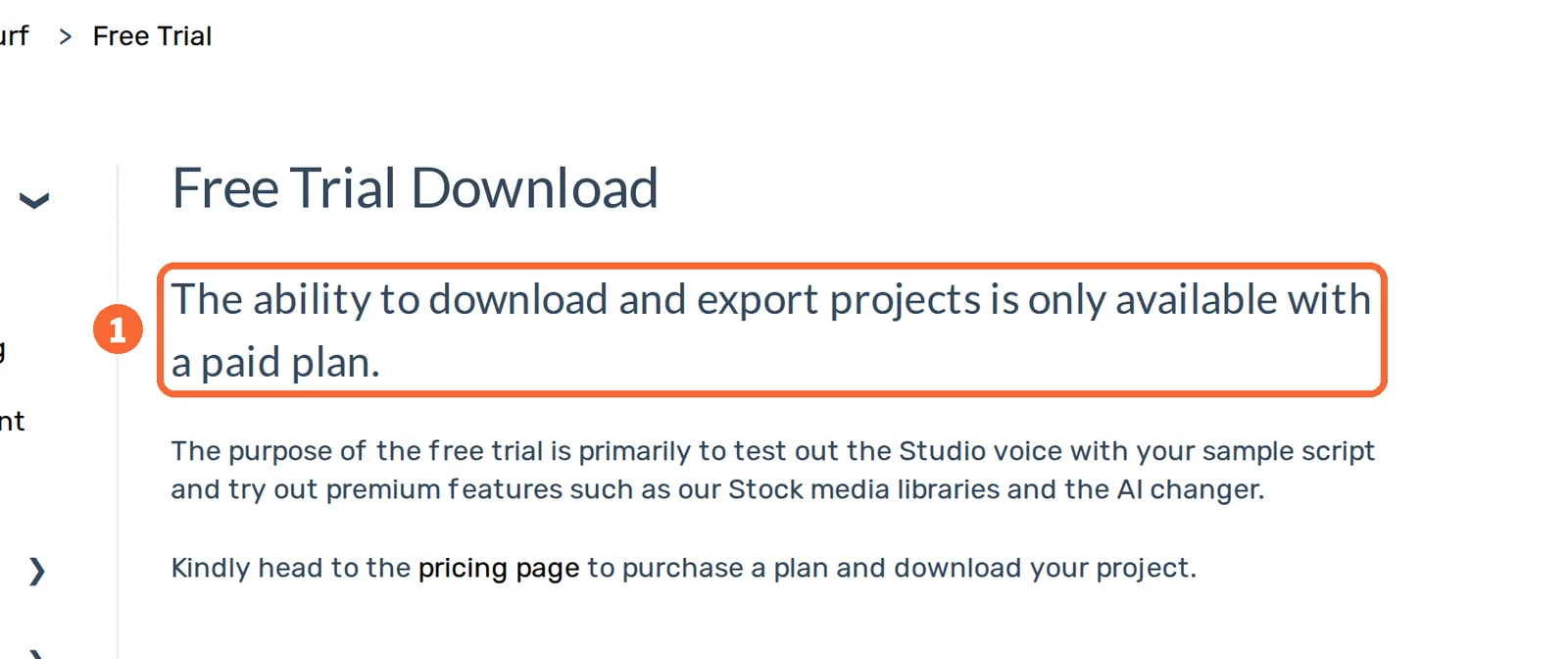 Murf Help Center Free Trial Download article stating that downloading and exporting projects requires a paid plan, marked