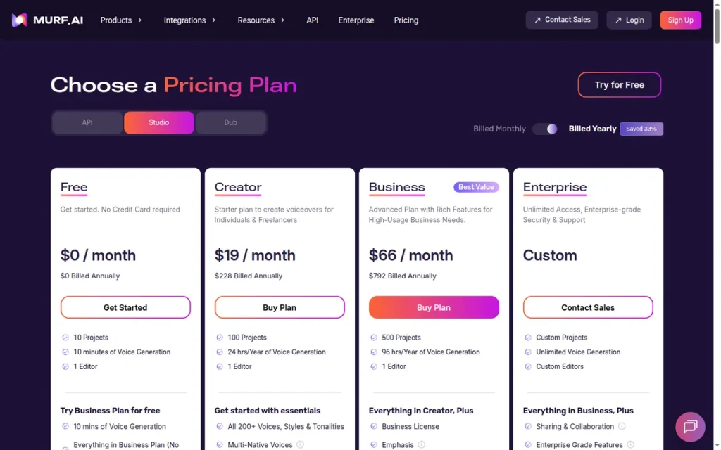 Murf official pricing page screenshot with plan names