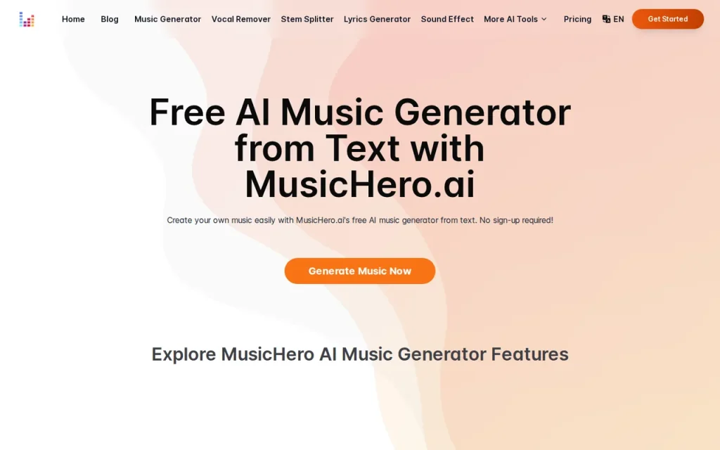 MusicHero.ai homepage screenshot showing the official landing page