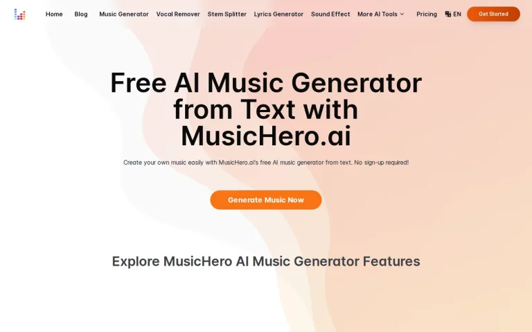 MusicHero.ai homepage screenshot showing the official landing page