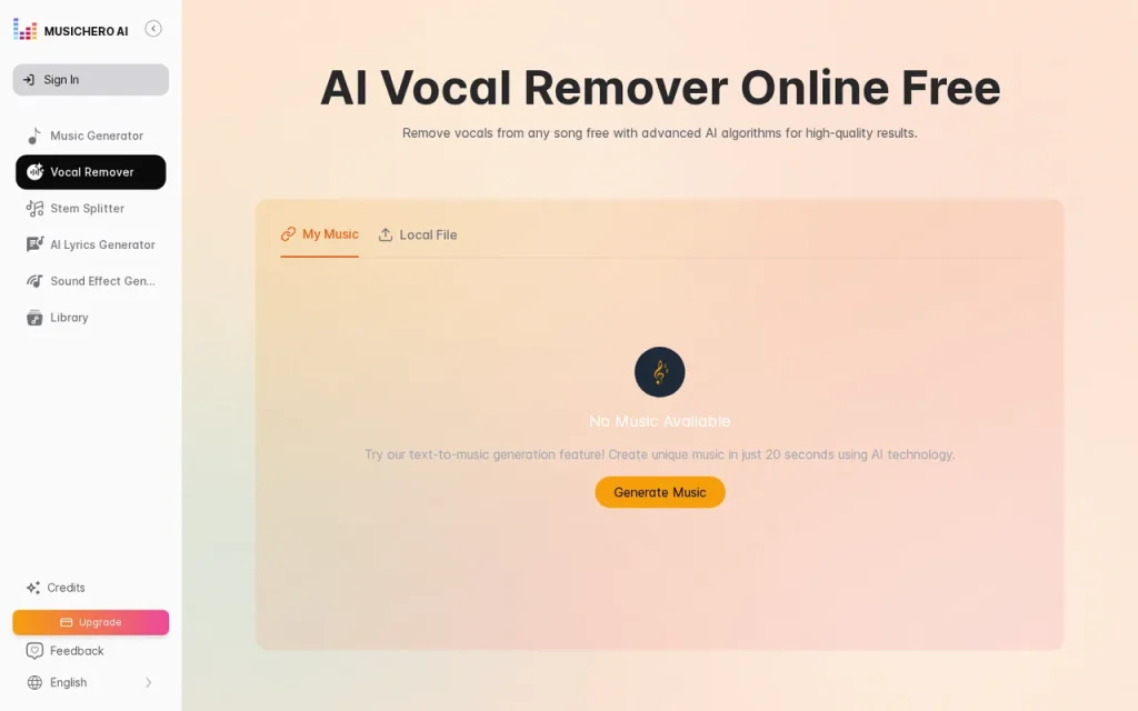 MusicHero.ai features page screenshot showing the product interface