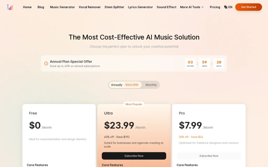 MusicHero.ai official pricing page screenshot with plan names