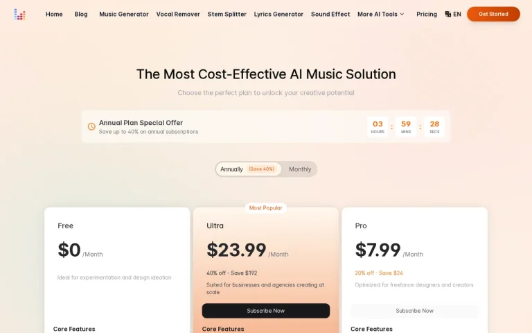 MusicHero.ai official pricing page screenshot with plan names