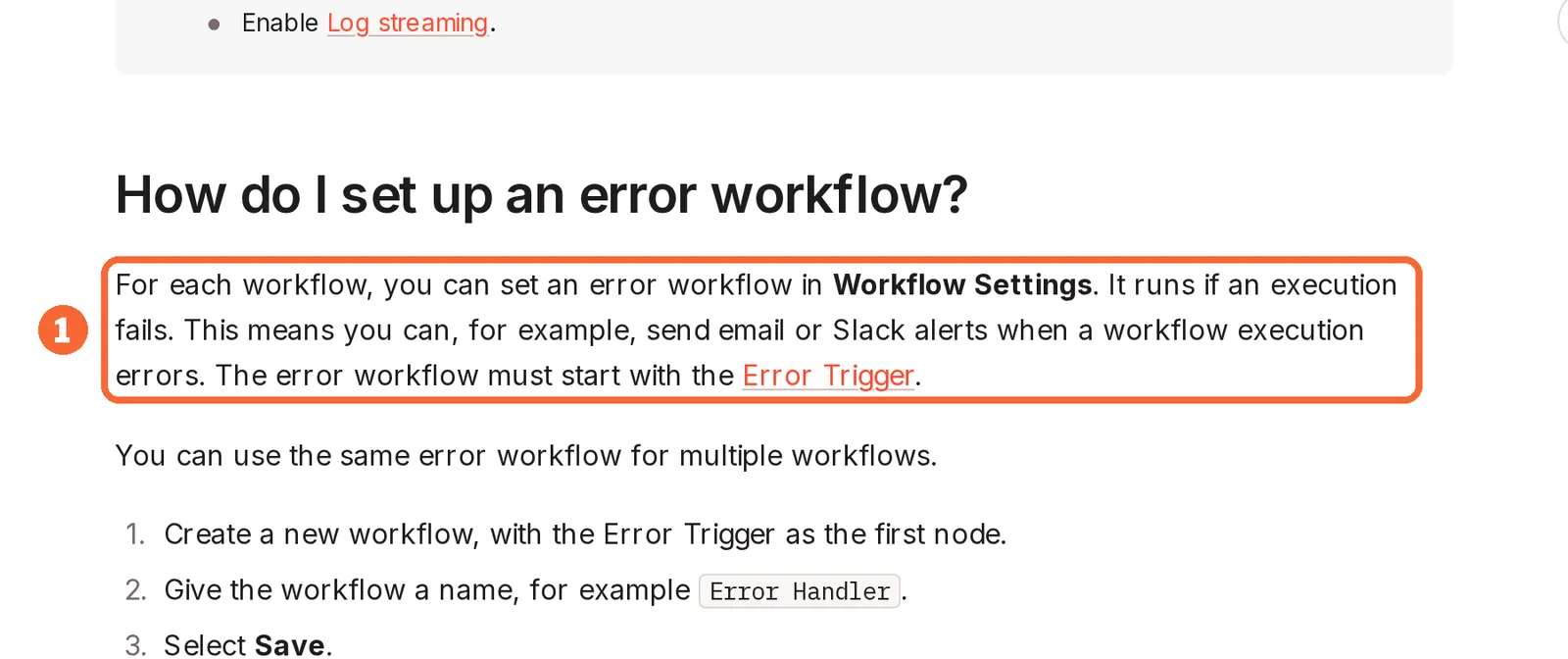 n8n documentation on error workflows with the paragraph on running when an execution fails marked