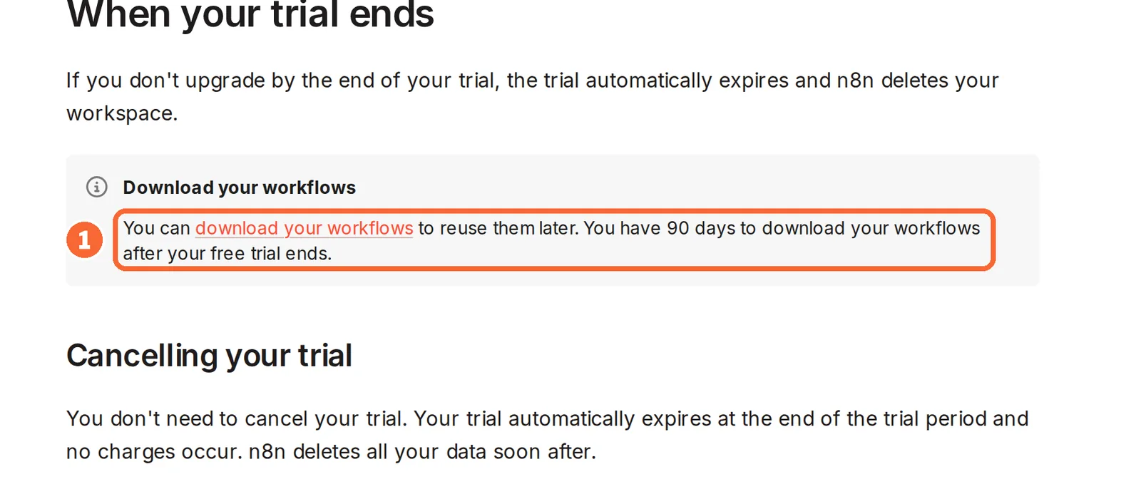 n8n documentation on the Cloud free trial with the 90-day workflow download window marked