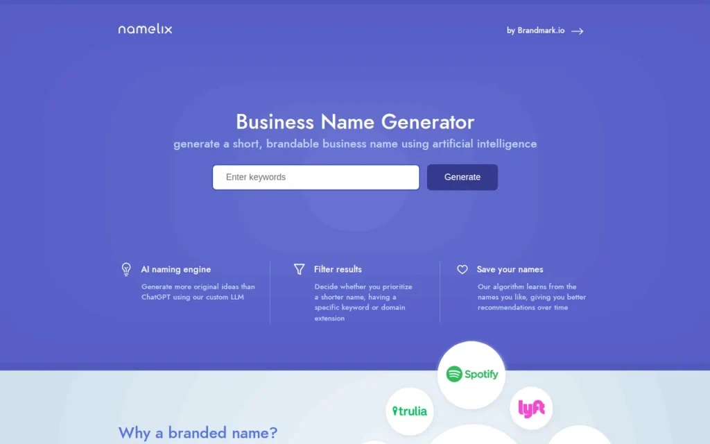 Namelix homepage screenshot showing the official landing page