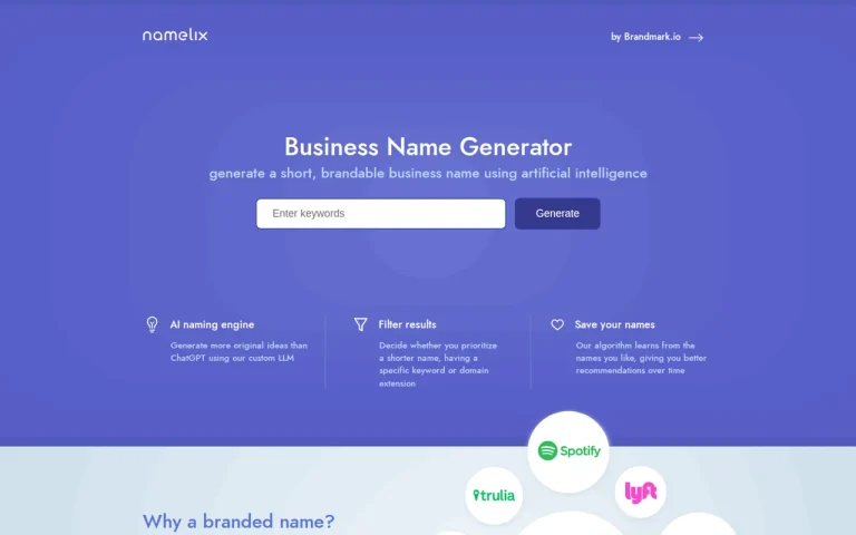 Namelix homepage screenshot showing the official landing page
