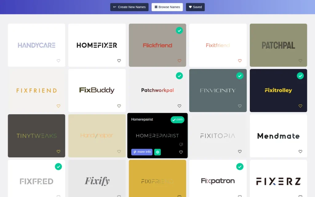 Namelix result grid with generated logo-style names such as Homerepairist, Fixfriend and Mendmate for a fictional household repair service brief