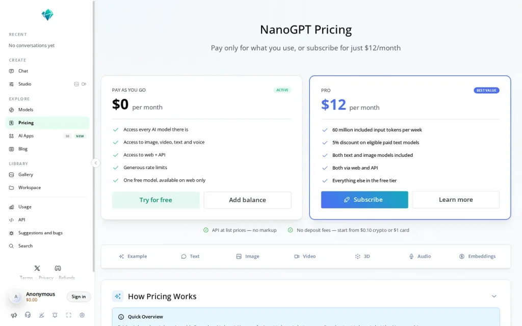 NanoGPT official pricing page screenshot with plan names
