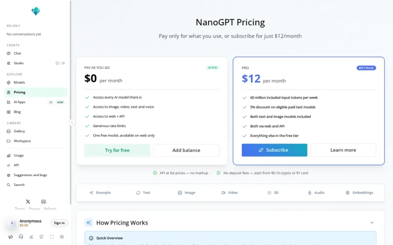 NanoGPT official pricing page screenshot with plan names