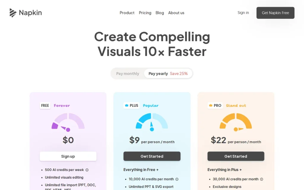 Napkin AI official pricing page screenshot with plan names
