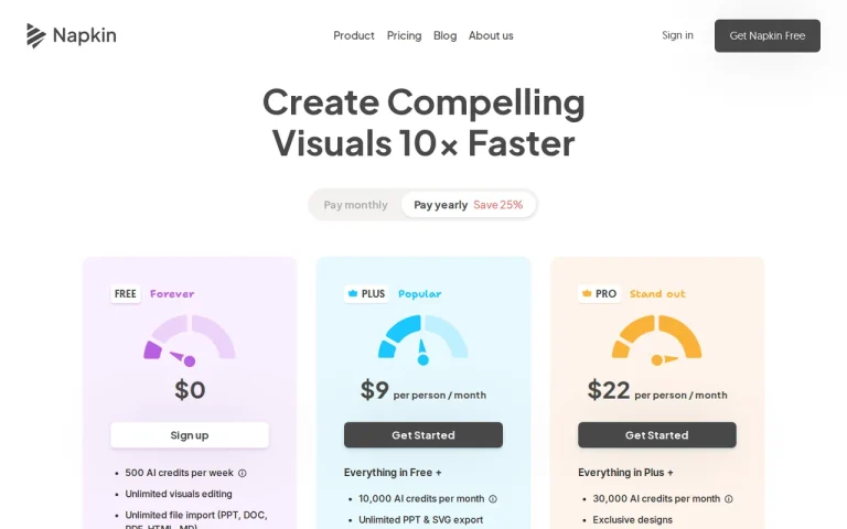 Napkin AI official pricing page screenshot with plan names