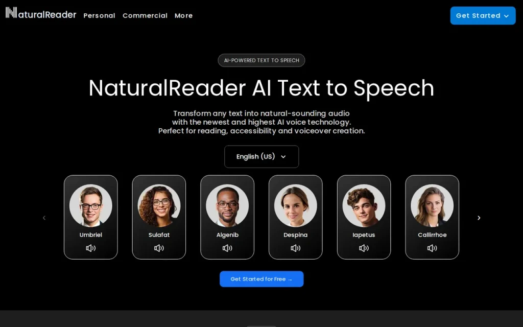NaturalReader homepage screenshot showing the official landing page