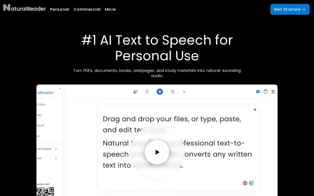 NaturalReader features page screenshot showing the product interface