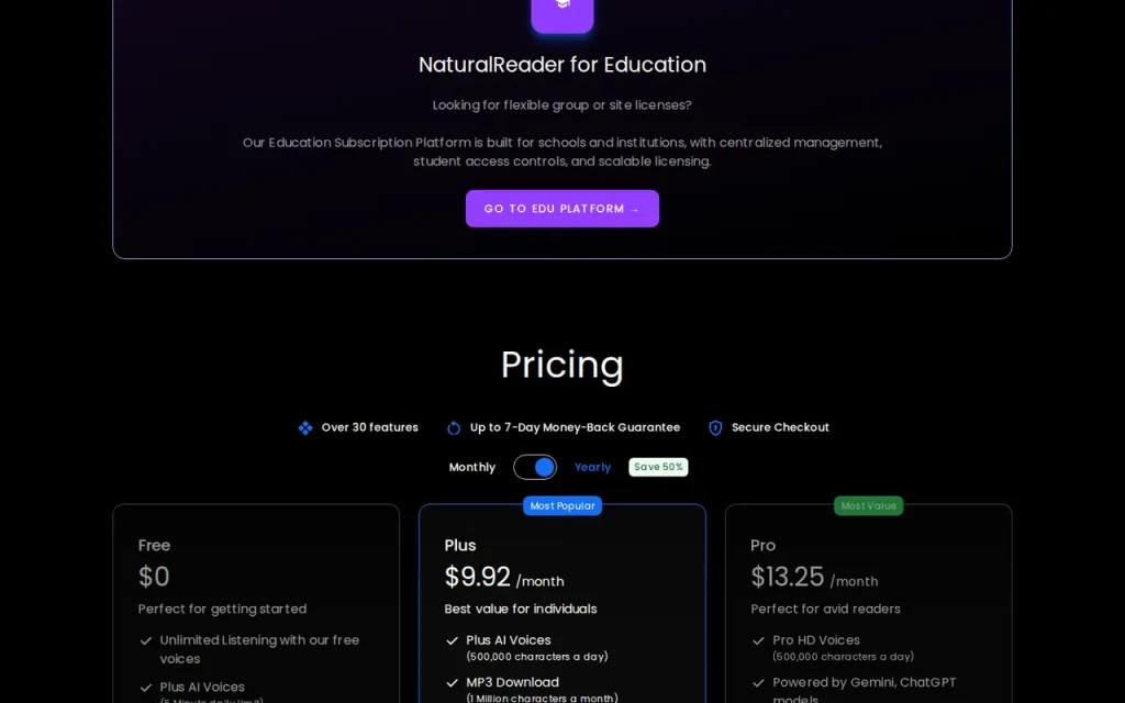 NaturalReader official pricing page screenshot with plan names and prices