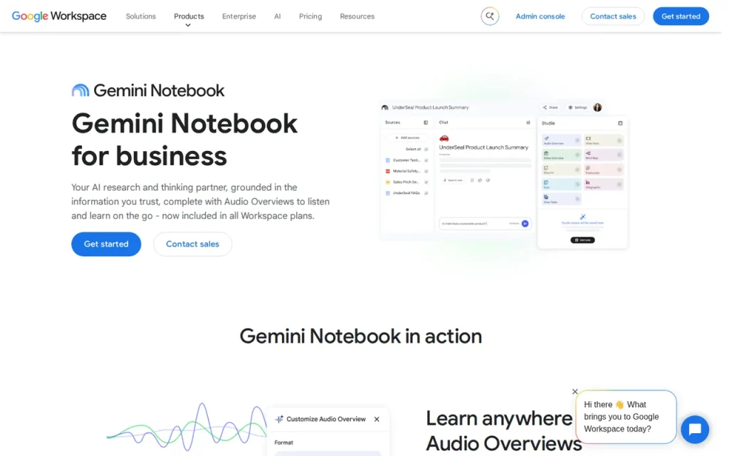 Gemini Notebook features page screenshot showing the product interface