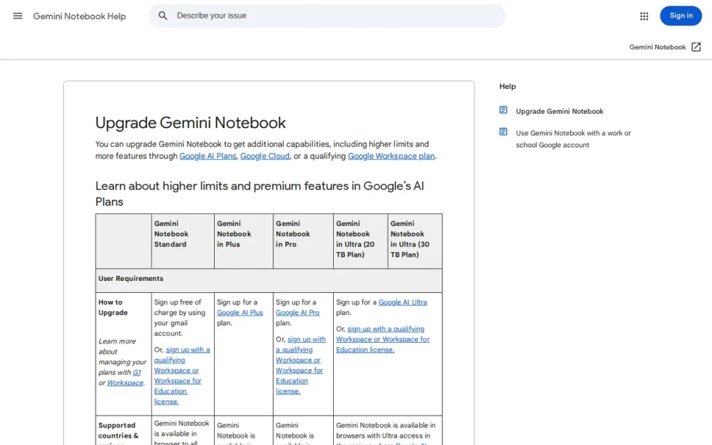Gemini Notebook official pricing page screenshot with plan names