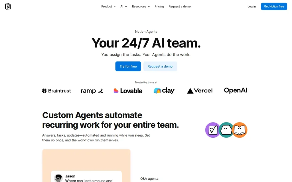 Notion AI features page screenshot showing the product interface