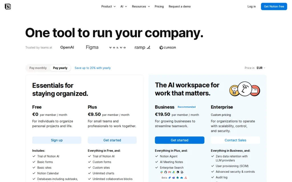Notion AI official pricing page screenshot with plan names