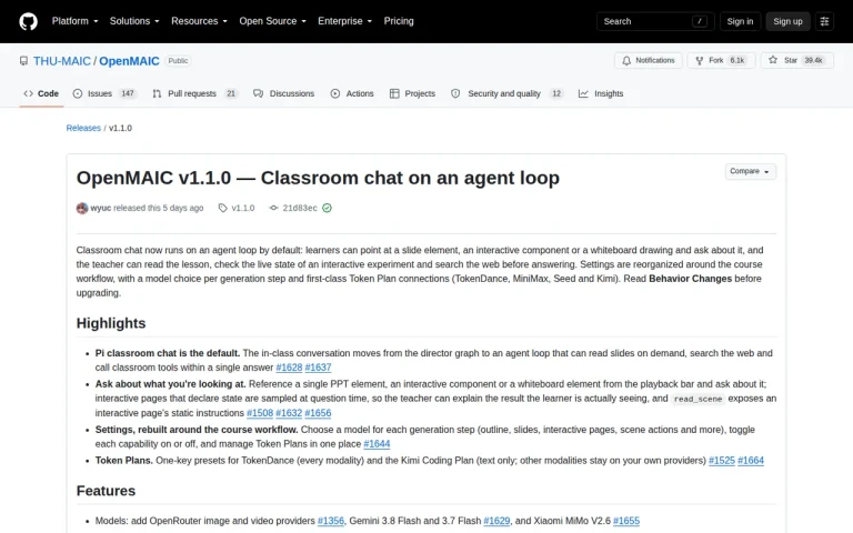 OpenMAIC features page screenshot showing the product interface