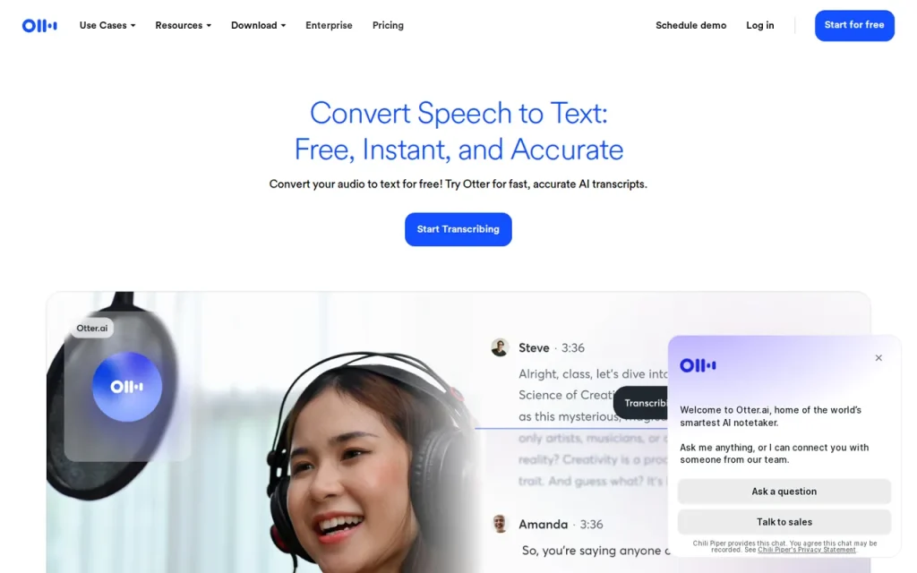 Otter.ai features page screenshot showing the product interface