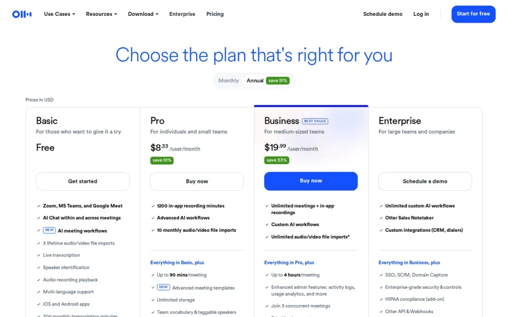 Otter.ai official pricing page screenshot with plan names