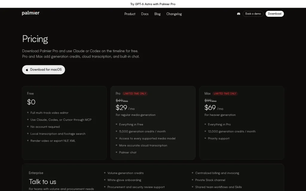 Palmier Pro official pricing page screenshot with plan names