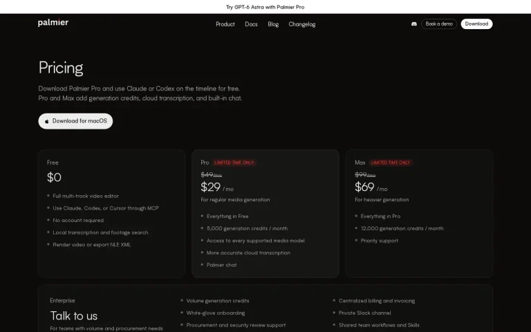 Palmier Pro official pricing page screenshot with plan names