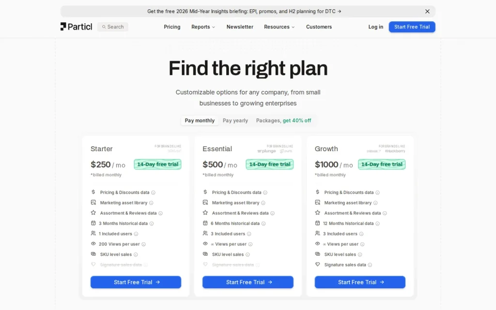Particl official pricing page screenshot with plan names