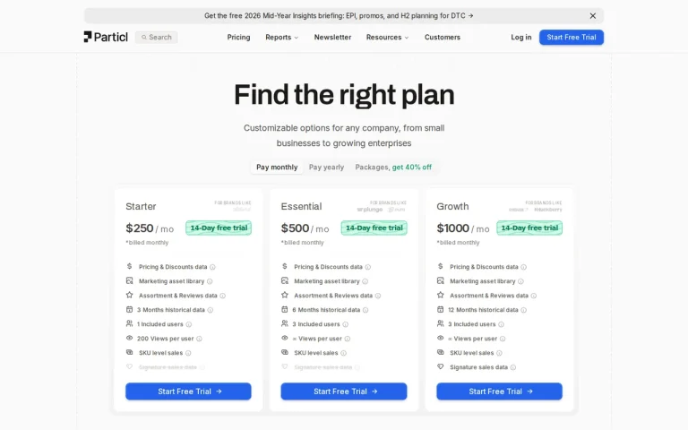 Particl official pricing page screenshot with plan names