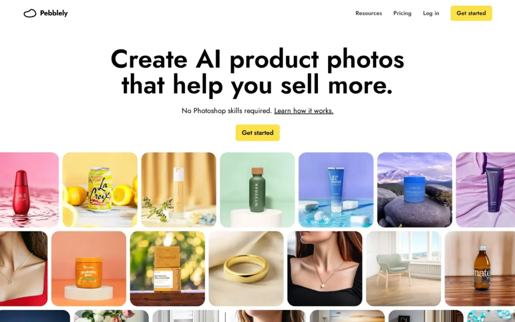 Pebblely homepage screenshot showing the official landing page