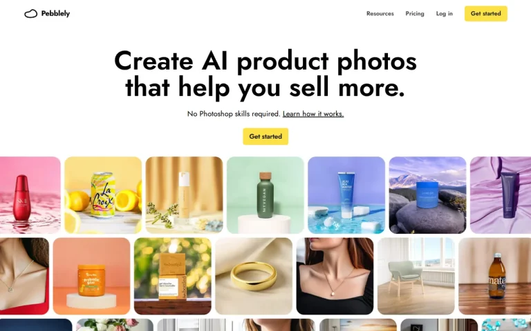 Pebblely homepage screenshot showing the official landing page