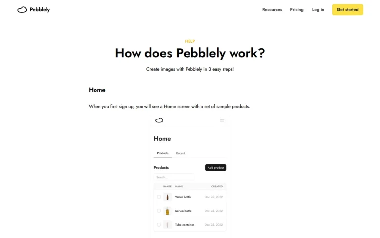 Pebblely features page screenshot showing the product interface