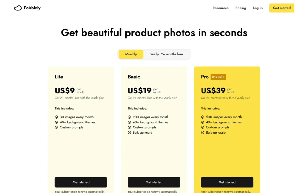 Pebblely official pricing page screenshot with plan names