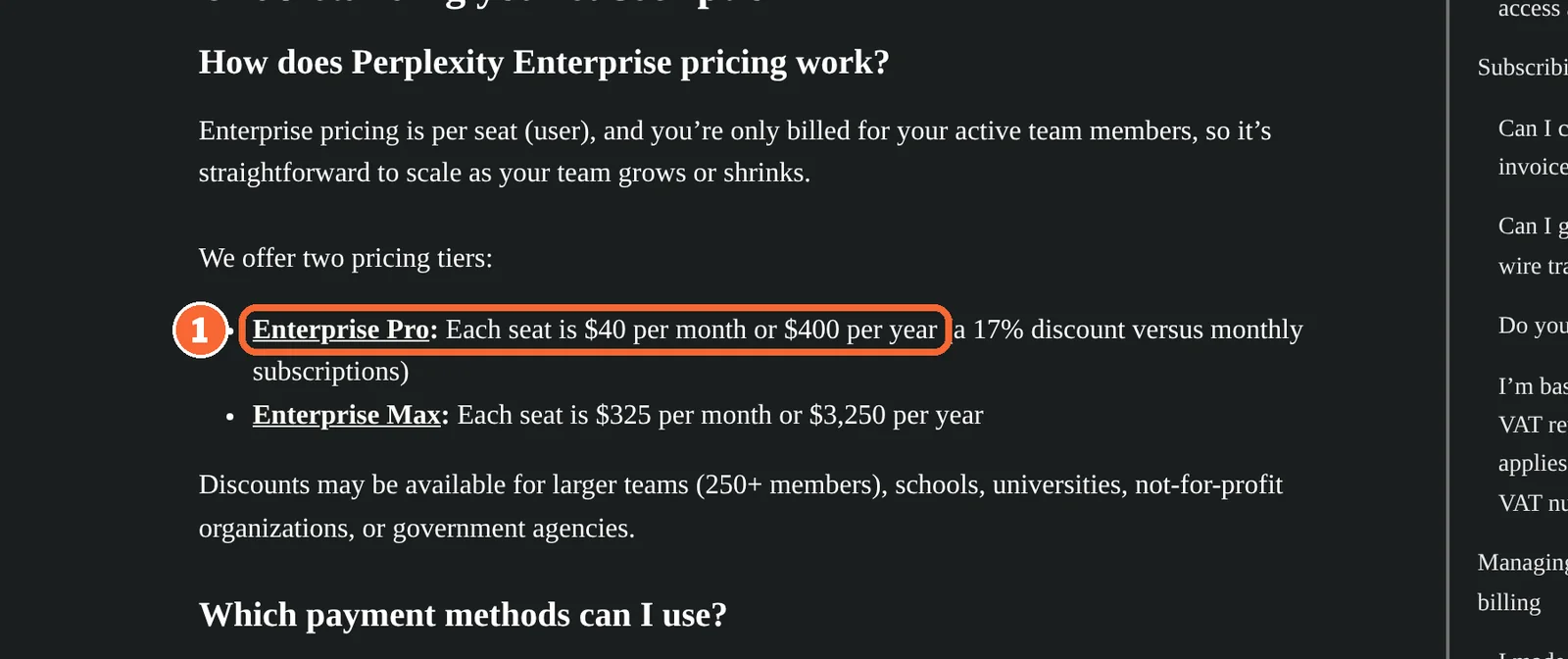 Perplexity Enterprise pricing FAQ with the Enterprise Pro seat price of $40 a month or $400 a year marked