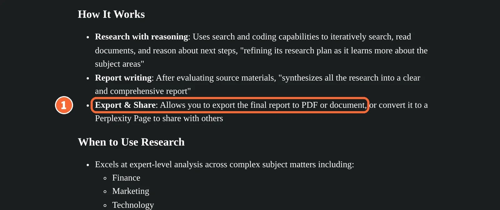 Perplexity Help Center Research mode article with the Export and Share option to export a report to PDF or document marked