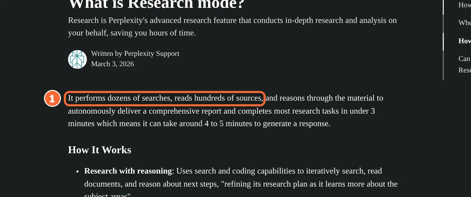 Perplexity Help Center Research mode article with the sentence on dozens of searches and hundreds of sources marked