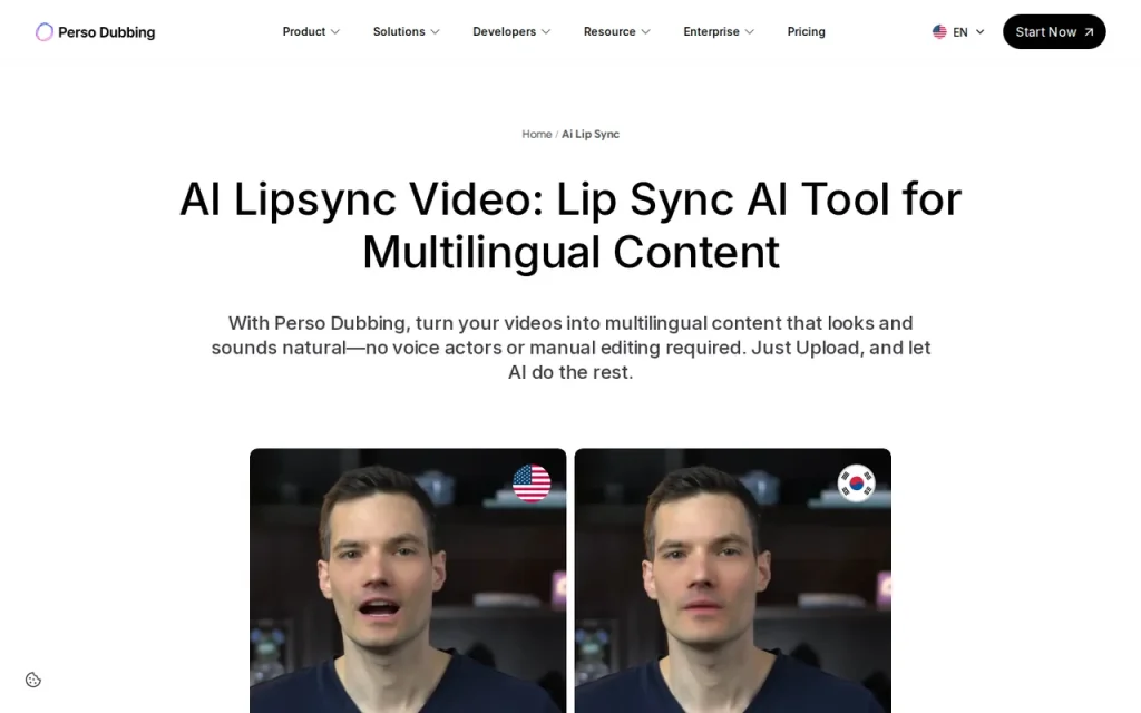 Perso AI lip sync page showing a provider demo of a speaker before and after dubbing